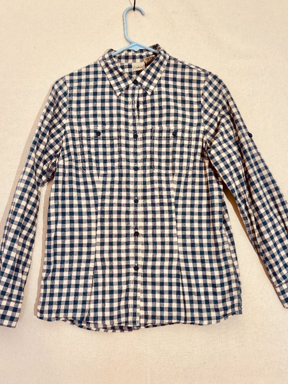 L.L.Bean Womens S Regular Blue White Gingham Button Down Shirt Roll Tab Cotton